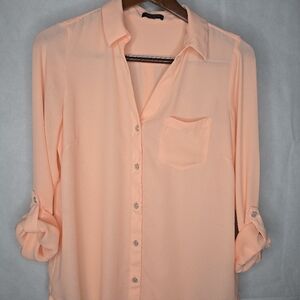 The Limited Ashton Button-up Shirt Peachy Orange Roll Tab Sleeve Office Career M